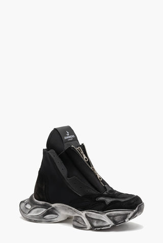 JL Deluxe Total - Sneakers con Doppia Zip in Tessuto Scuba e Camoscio Nero — Tre quarti davanti