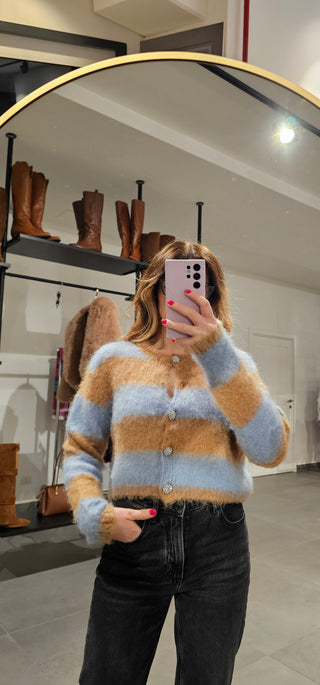 Cardigan lana a strisce camel e azzurro Tricott
