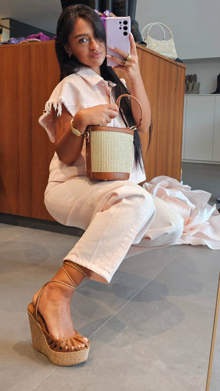 Secchiello in rafia beige e riporto cuoio Sun